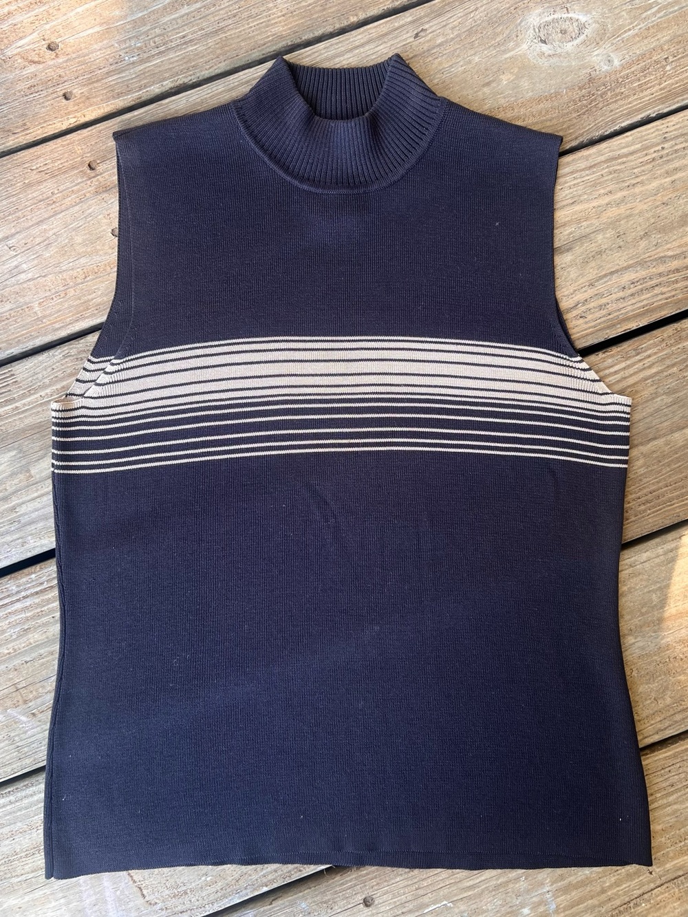 Vintage 100% Silk Ribbed Mock Neck Striped Tank Top Black Cream Size Small
